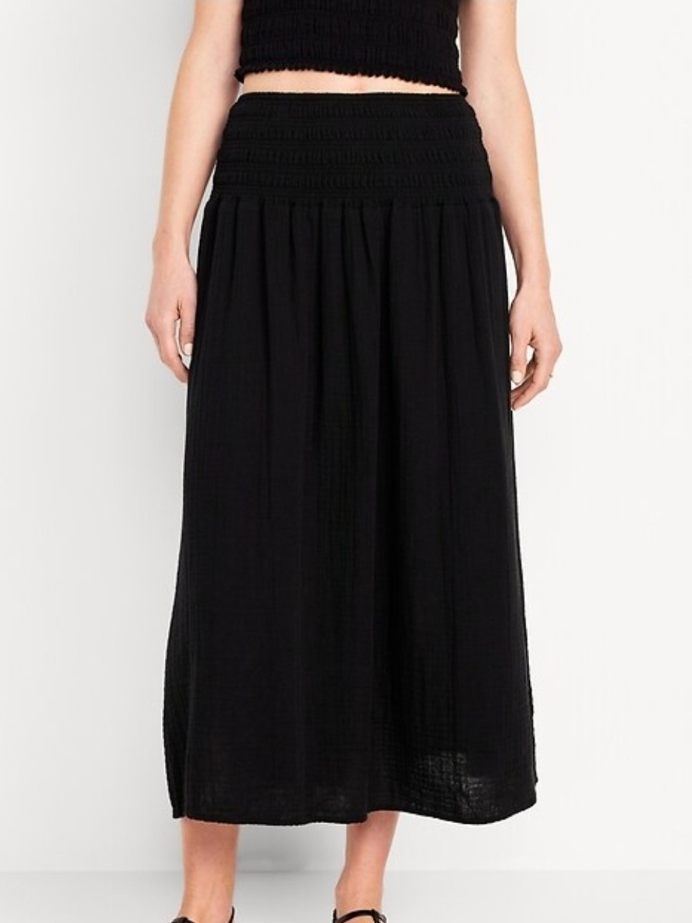 Old Navy Women Black Cotton Woven Smocked Elastic Waist Pull On A-Line Midi M